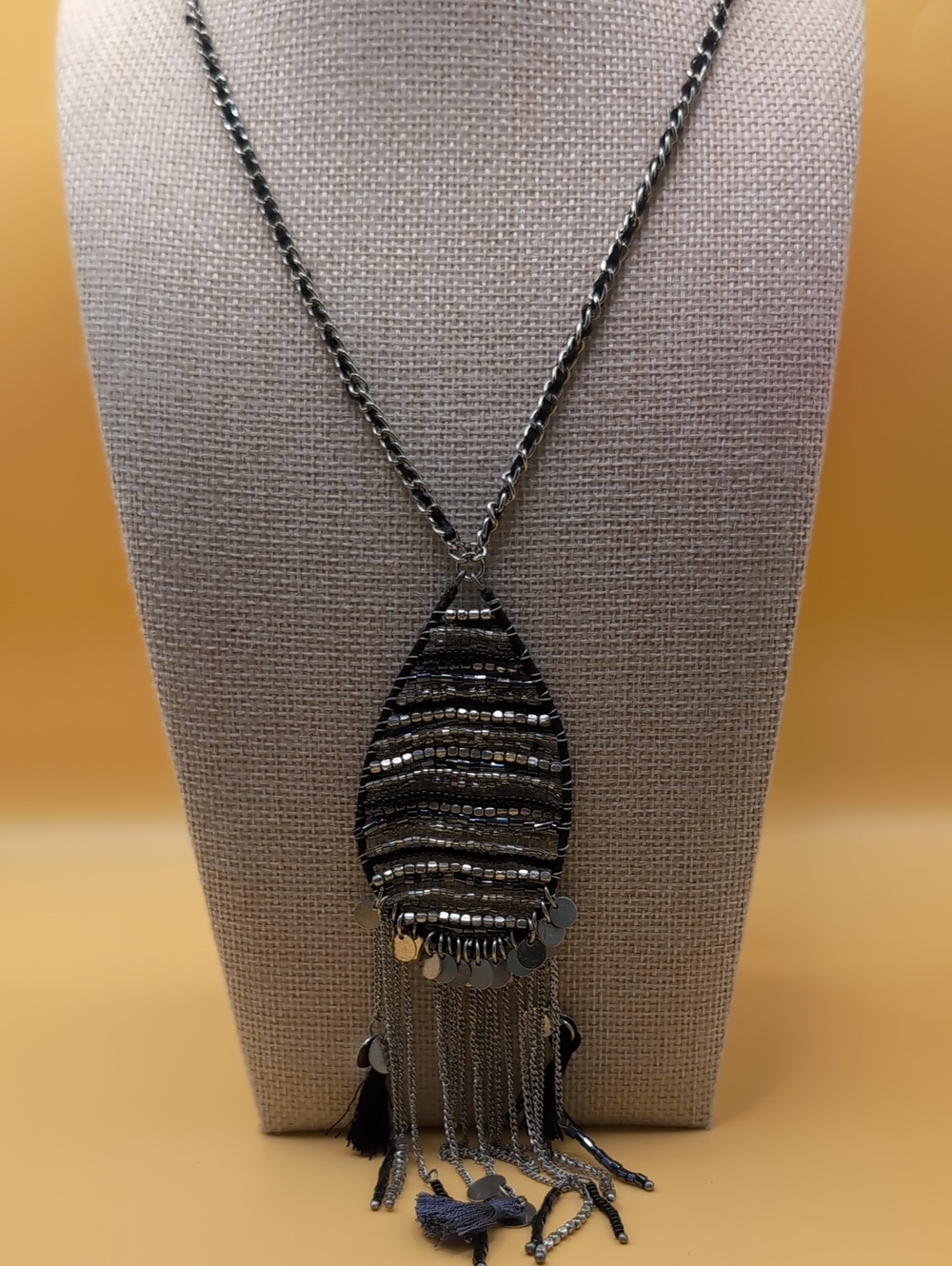 Beaded Black and Silver Tassel Fashion Pendant Necklace